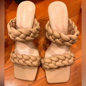 Beige braided strappy heeled sandals